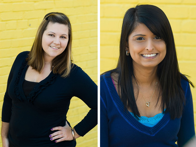 two other ladies against yellow brick wall