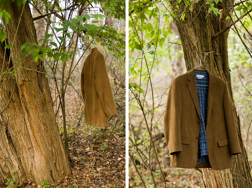 jacket hanging in woods diptych