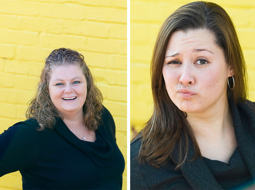 two ladies on yellow wall