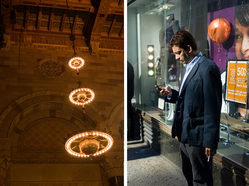 chandelier and guy on a phone street photography nyc