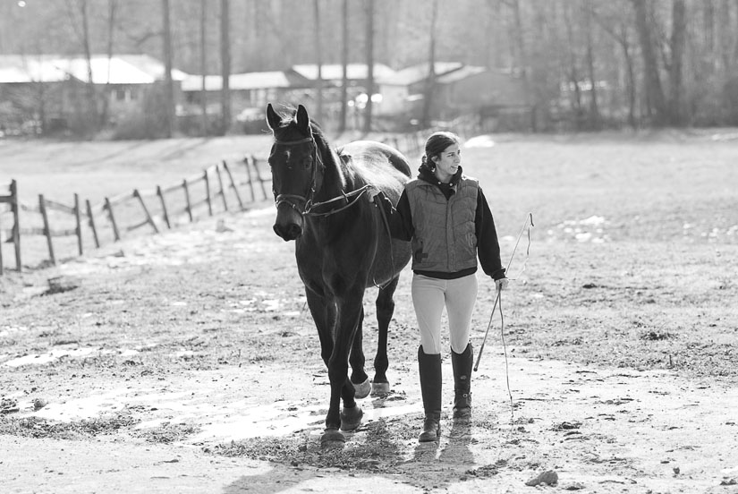coming back to the stables in black and white