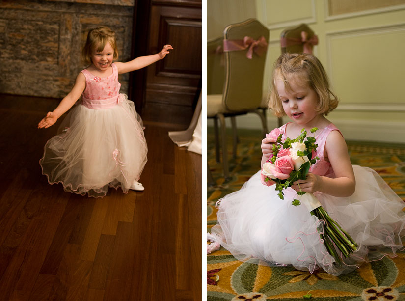 flower girl dancing around and playing with bouquet