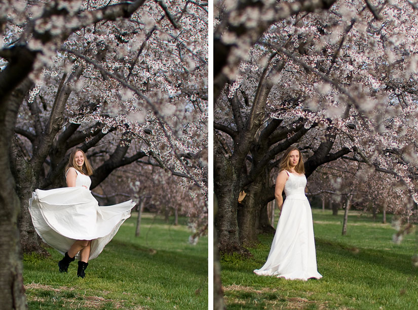 Bridal session with pink cherry blossoms