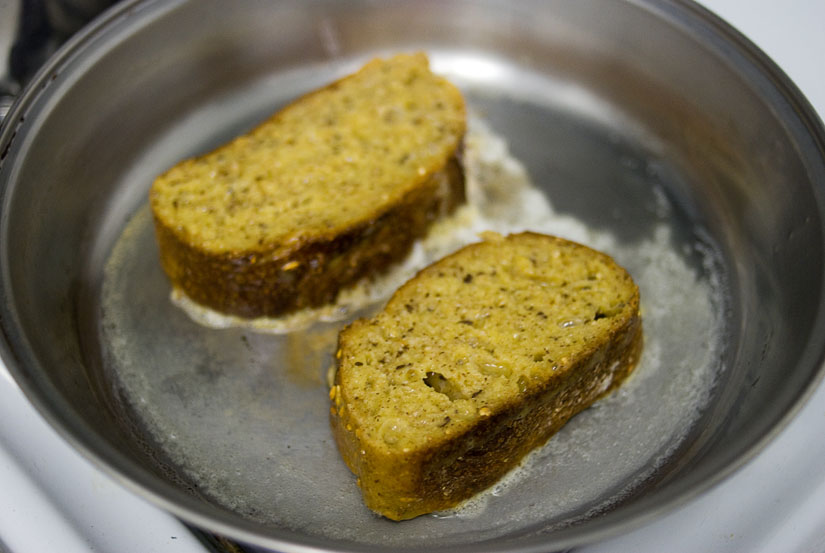 bread with eggs in the pan