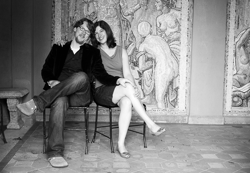 black and white engagement photos with mosaic