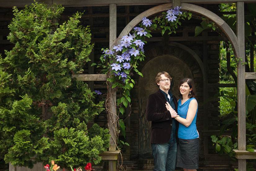 couple under a purple trellis at dumbarton oaks