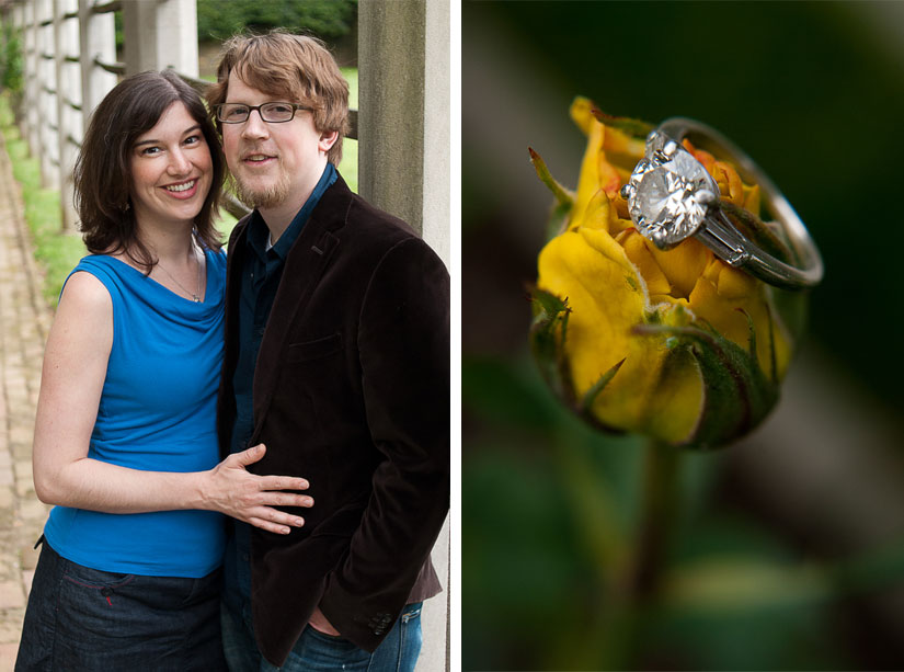 engaged couple with diamond ring at dumbarton oaks