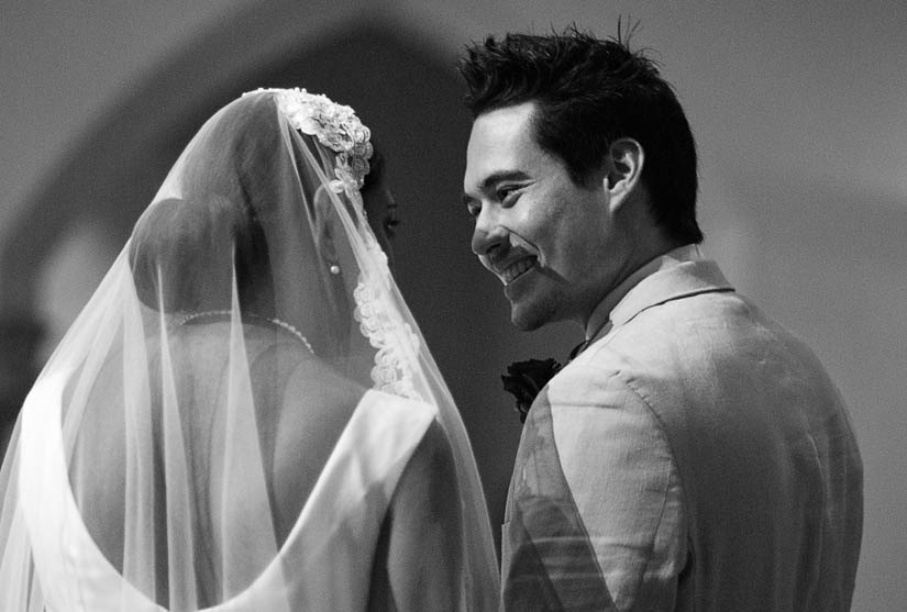 bride and groom laughing in dahlgren chapel