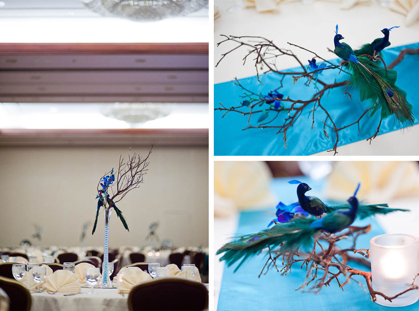 reception details with blue peacocks