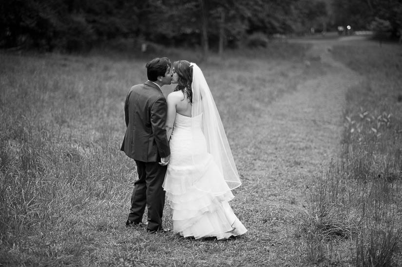 bride and groom kissing with deer in the background