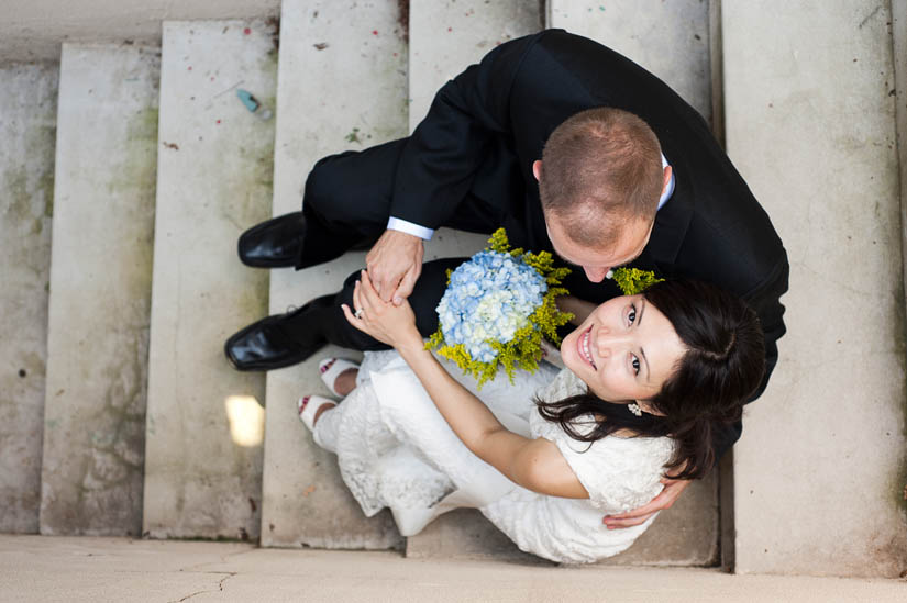 bride and groom from above