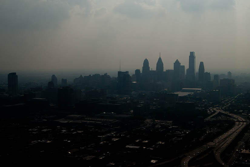 philadelphia skyline from a helicopter