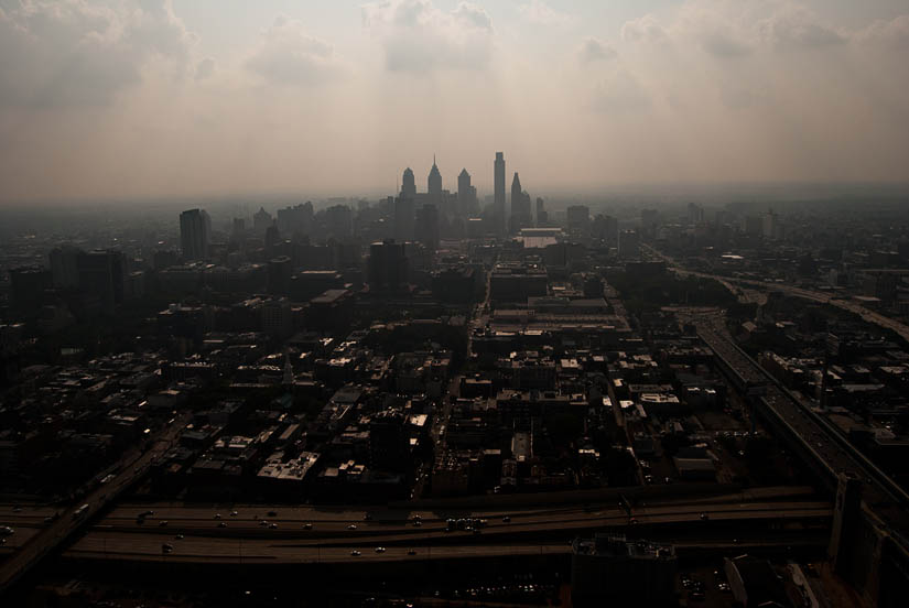 philadelphia hazy skyline from a helicopter