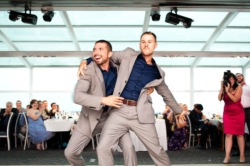 first dance with grooms in gray suits