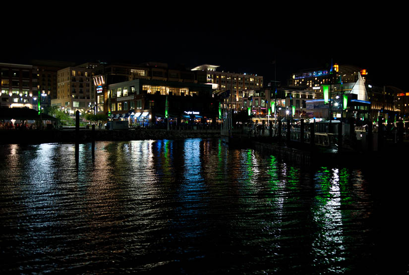 national harbor lit up at night