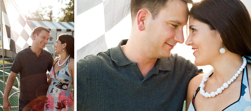 engagement photos with checkerboard flag