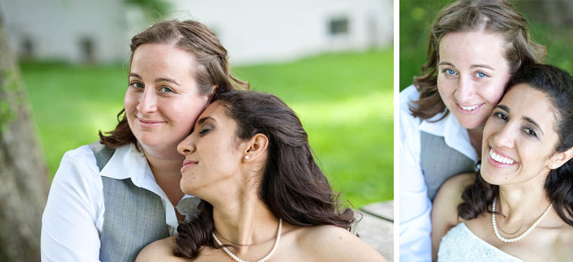 brides cuddling during portraits