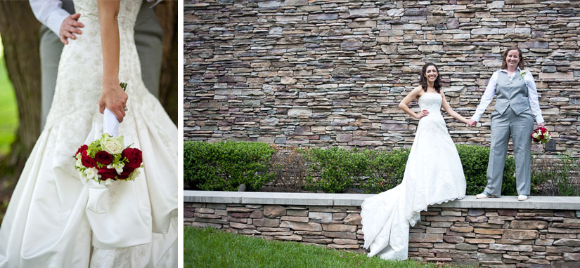 red and white bouquet and gray stone wall