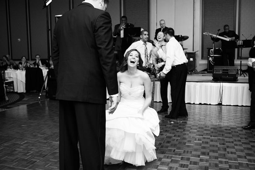 bride laughing in black and white