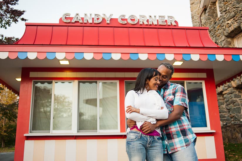 candy corner sign at glen echo park engagement session