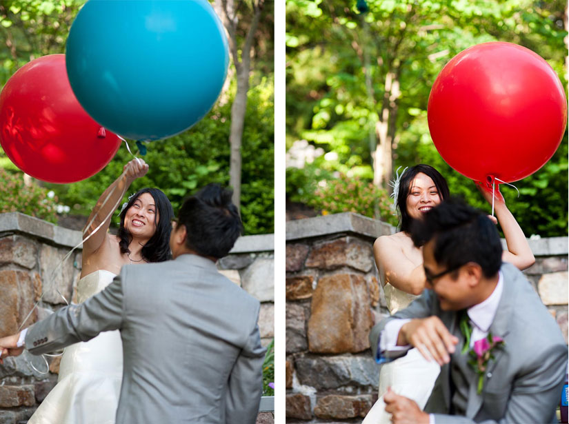 bride and groom with balloons