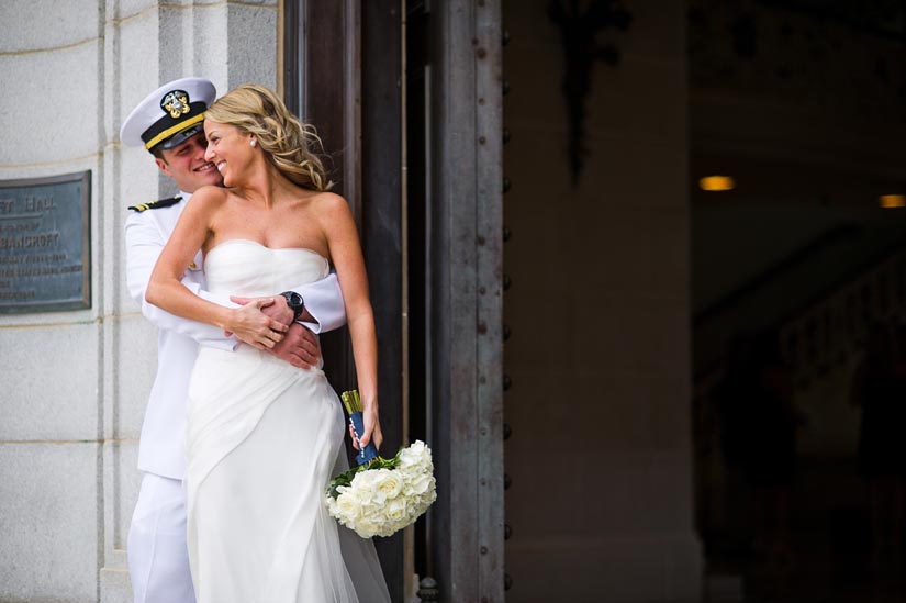 bride and groom at u.s. naval academy