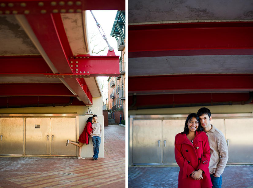 engagement photography with red bridge