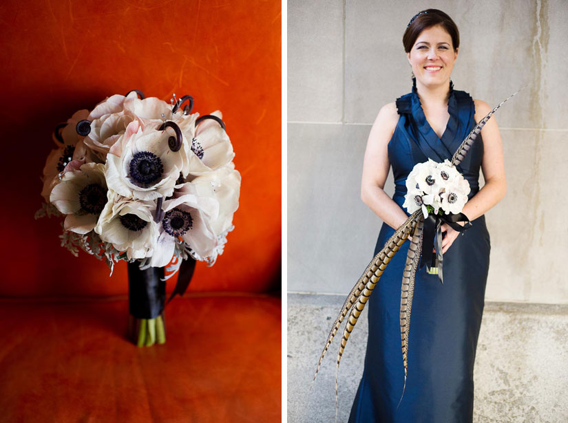 beautiful wedding bouquet with anenomes and feathers