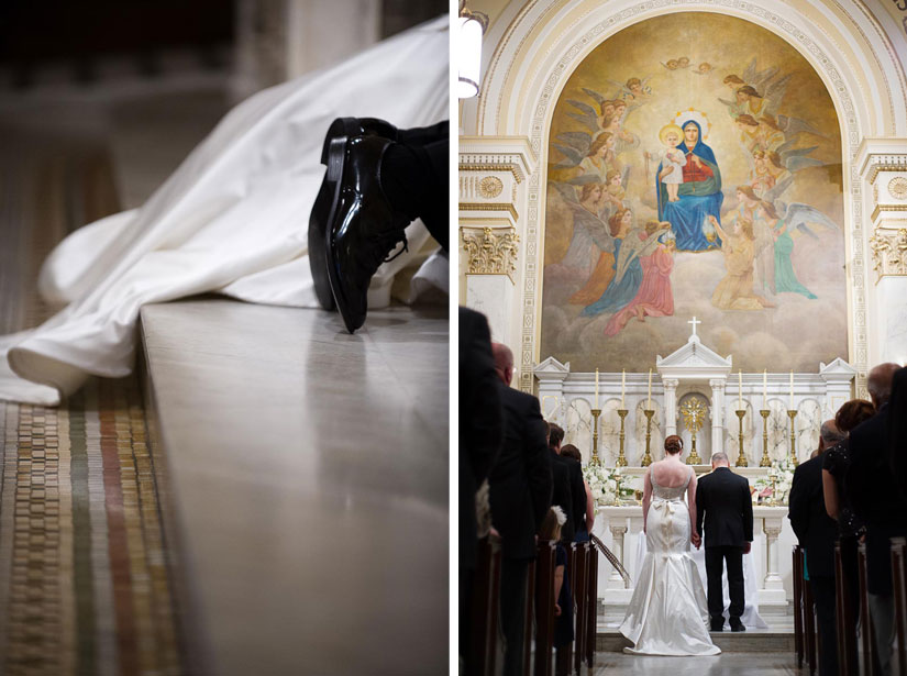 bride and groom inside holy rosary church