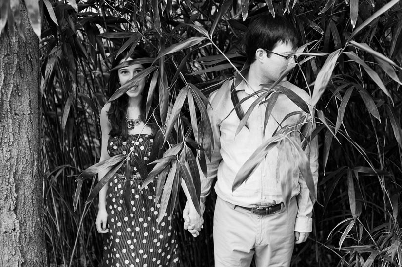 weird engagement photography with bamboo