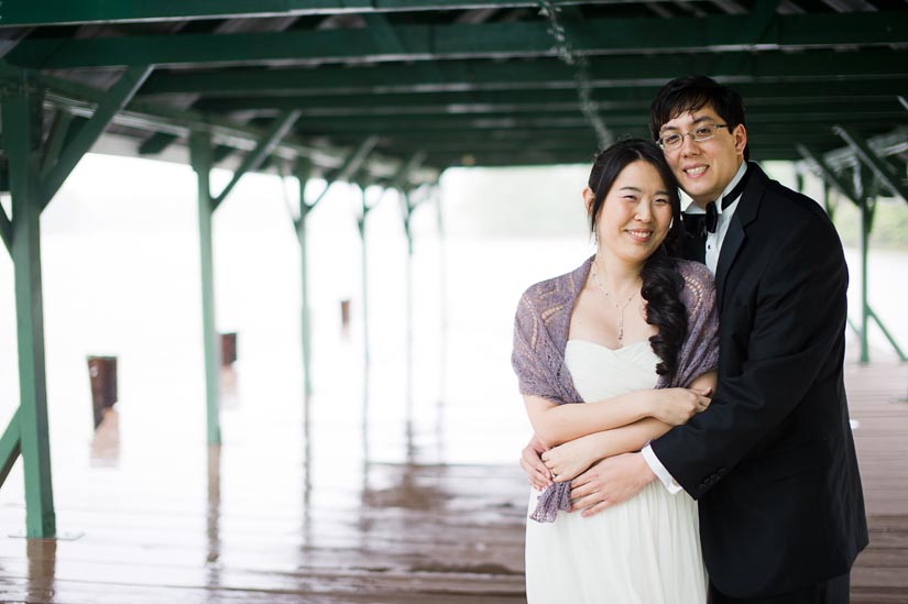 bride and groom on a rainy day