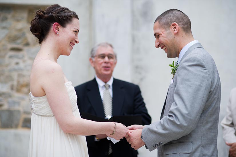 bride and groom exchange rings at patapsco female institute