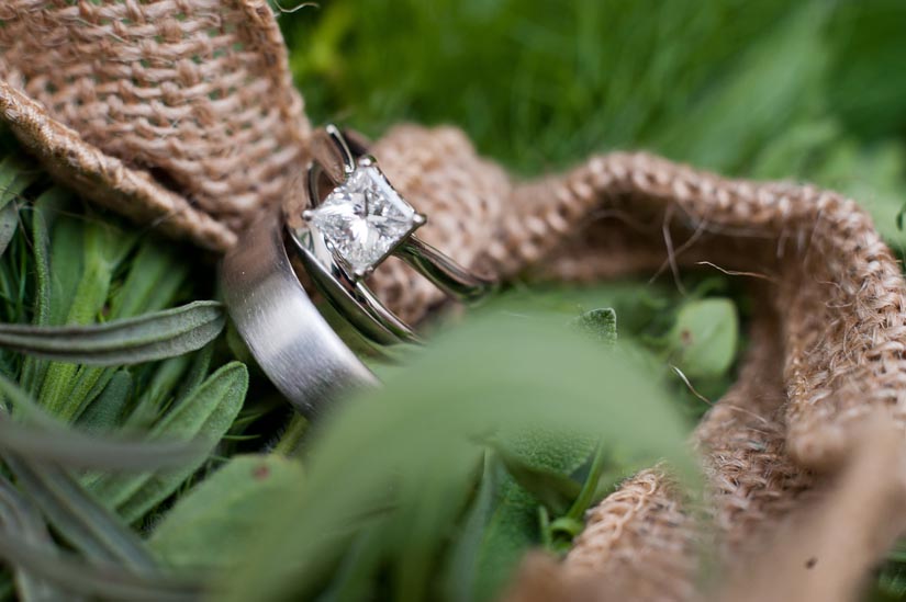 ring shot with burlap ribbon