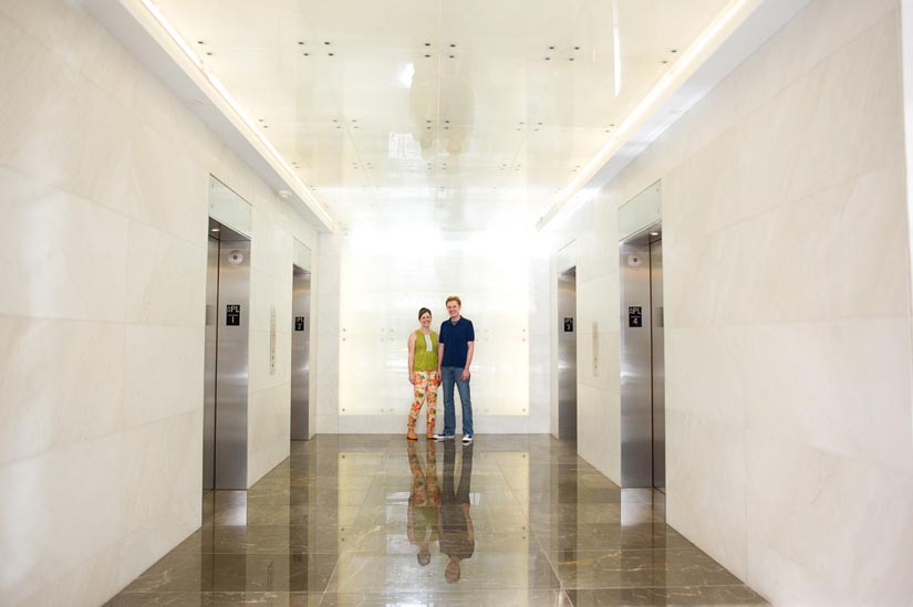 Sara-Cory-engagement_03 engagement photos in corporate lobby