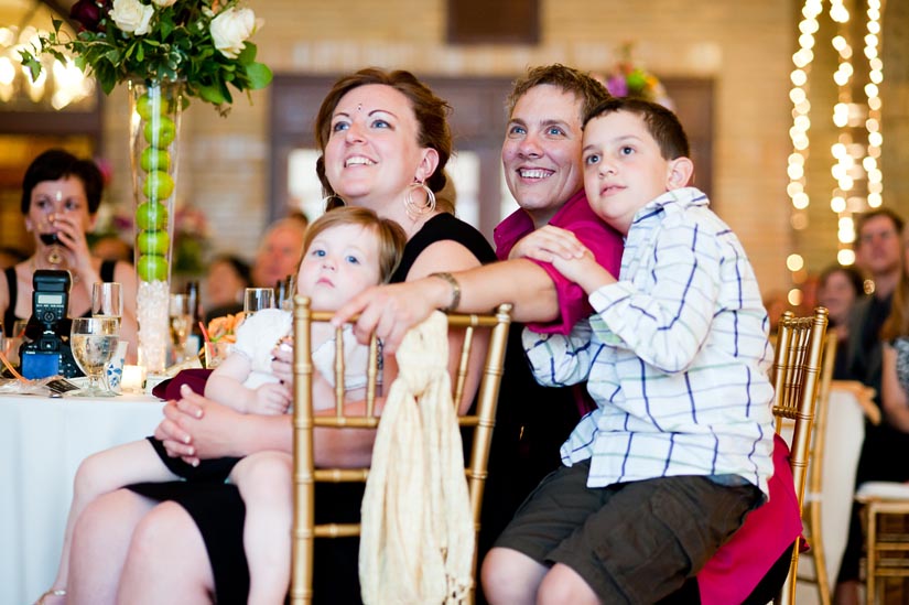 family watching slideshow at wedding