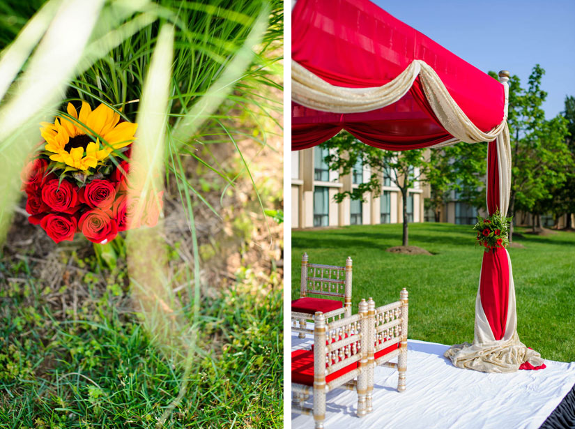 bright red and yellow bouquet and indian wedding decorations