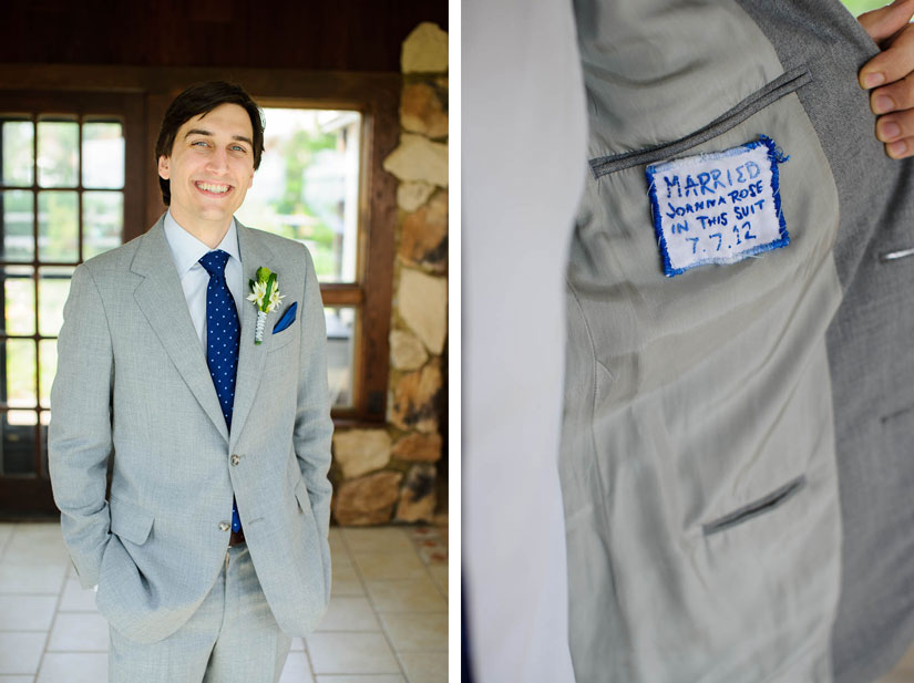 patch sewn into groom's jacket