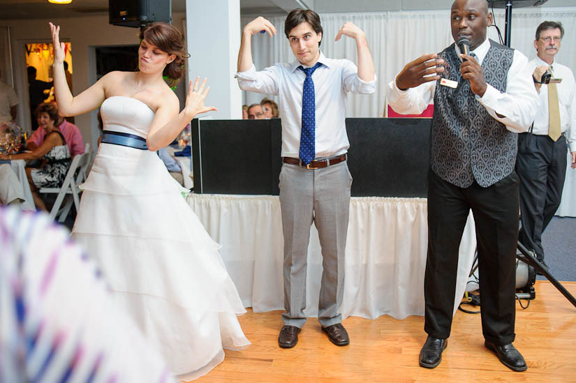 doing the chicken dance at the wedding reception