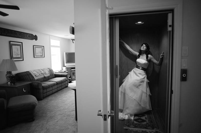 bride in her family's elevator