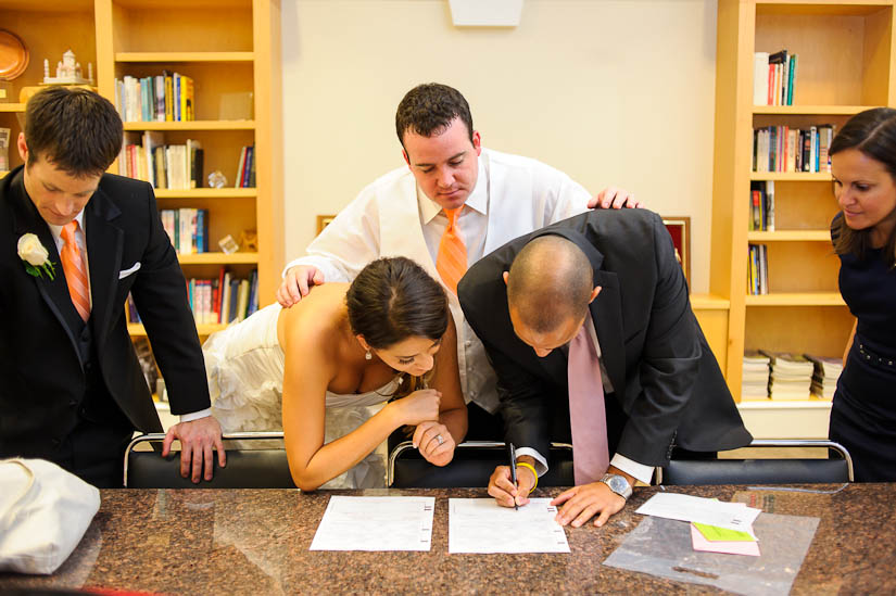 signing paperwork at the levine museum of the new south destination wedding