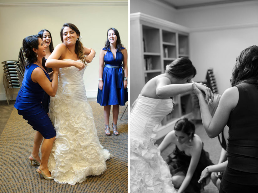 putting on the wedding dress at levine museum of the new south