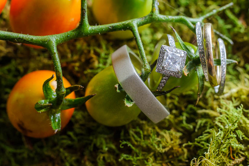Longview-Gallery-wedding-AN-47 macro shot of rings on tomato plant