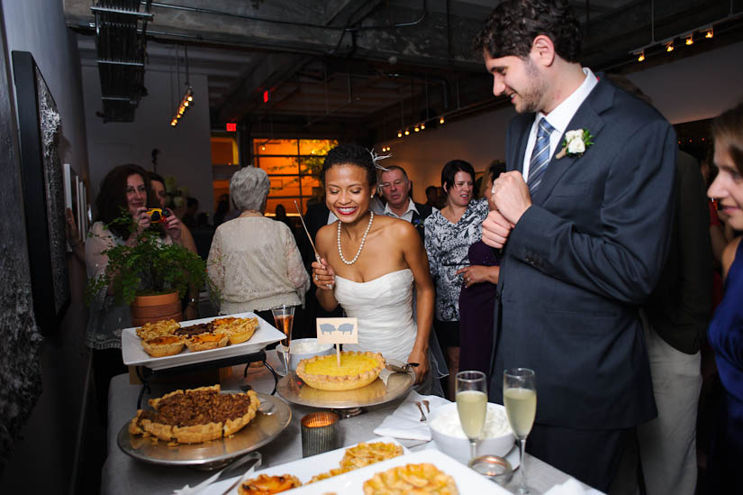 pie cutting during wedding reception