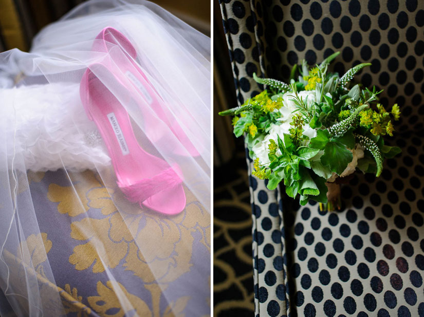 pink manolo blahniks and green bridesmaid bouquet