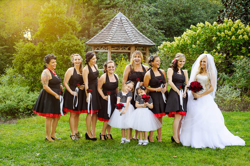 black and red bridal party at historic london town wedding