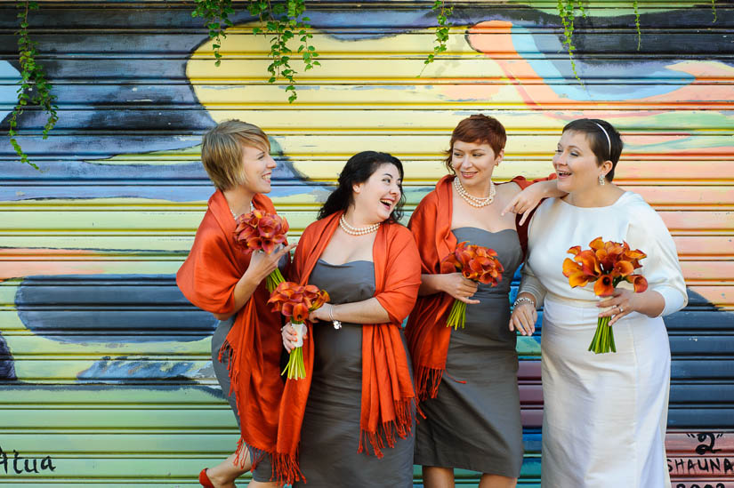 orange and gray bridesmaids at longview gallery wedding