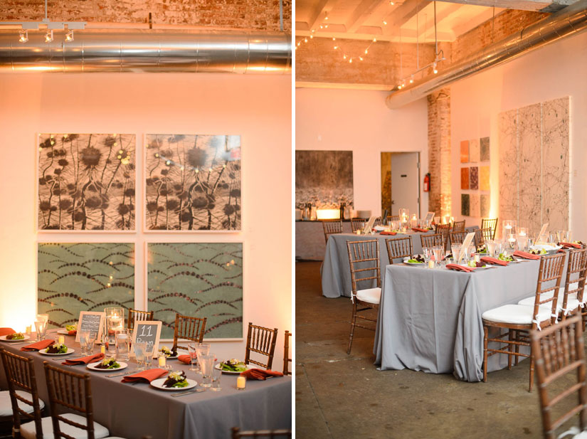 orange and gray decor at longview gallery wedding