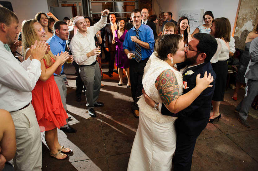 bride and groom kissing at the end of the night at longview gallery in dc