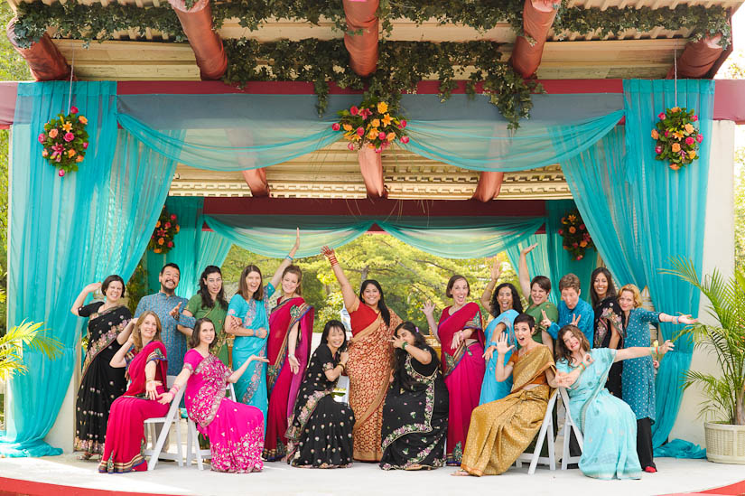 giant colorful bridal party at indian wedding