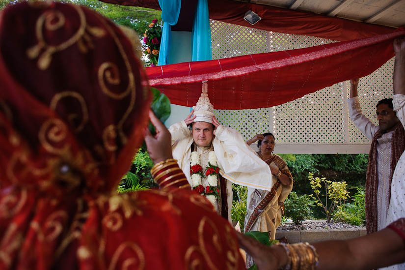 bride and groom meet each other at garden falls indian wedding